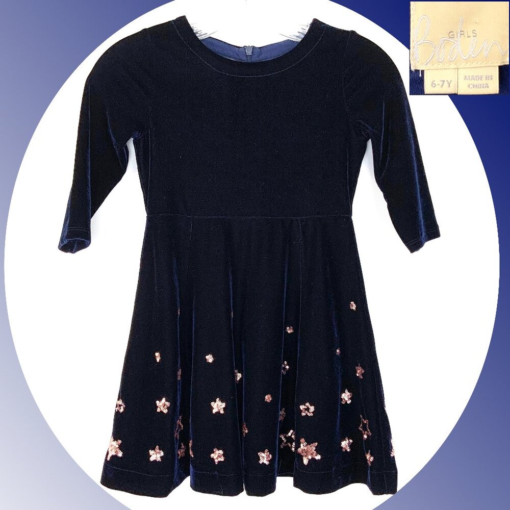 Mini Boden Girls 6-7 Years Navy Velvet Gold Stars Dress